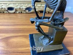 Sculpture Thinker Skeleton in Bronze on Black Marble Base After Milo