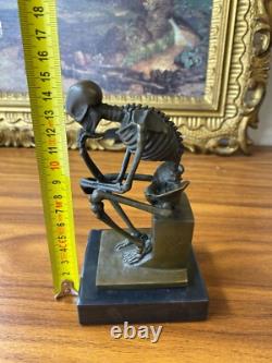 Sculpture Thinker Skeleton in Bronze on Black Marble Base After Milo
