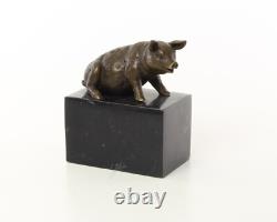 Sculpture of Sitting Pig in Bronze on a Black Marble Base After Milo