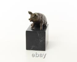 Sculpture of Sitting Pig in Bronze on a Black Marble Base After Milo
