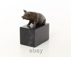 Sculpture of Sitting Pig in Bronze on a Black Marble Base After Milo