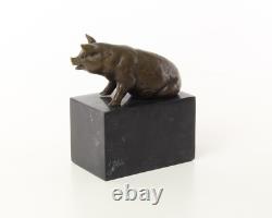 Sculpture of Sitting Pig in Bronze on a Black Marble Base After Milo