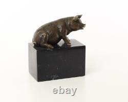 Sculpture of Sitting Pig in Bronze on a Black Marble Base After Milo