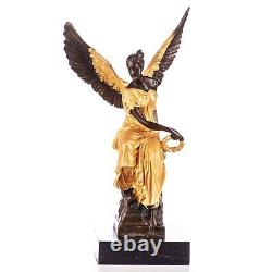 Sculpture of a Colored Gilded Bronze Angel on Marble After Jean Antoine Houdon