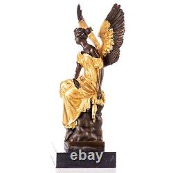 Sculpture of a Colored Gilded Bronze Angel on Marble After Jean Antoine Houdon