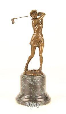 Sculpture of a Golfer Lady in Bronze on Blue Marble After Milo