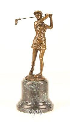 Sculpture of a Golfer Lady in Bronze on Blue Marble After Milo