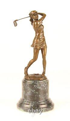 Sculpture of a Golfer Lady in Bronze on Blue Marble After Milo