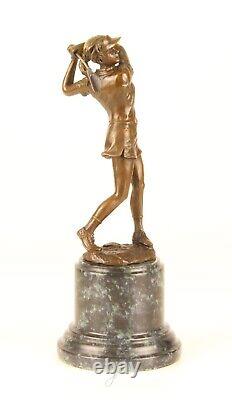 Sculpture of a Golfer Lady in Bronze on Blue Marble After Milo