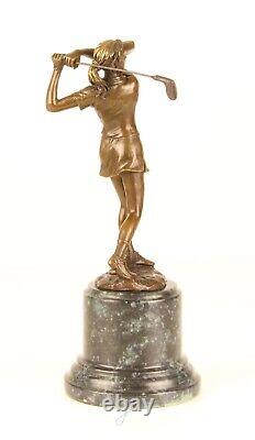 Sculpture of a Golfer Lady in Bronze on Blue Marble After Milo