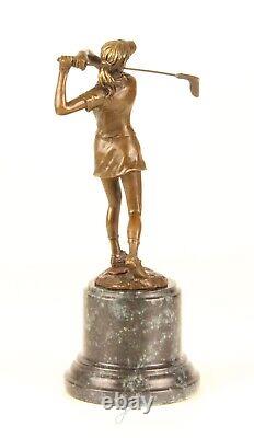 Sculpture of a Golfer Lady in Bronze on Blue Marble After Milo