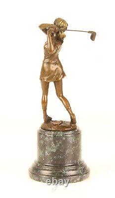 Sculpture of a Golfer Lady in Bronze on Blue Marble After Milo