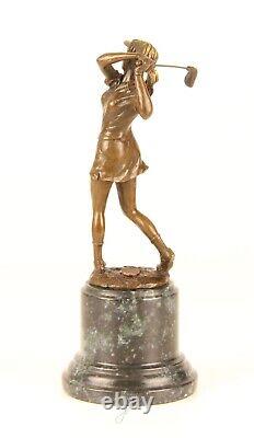 Sculpture of a Golfer Lady in Bronze on Blue Marble After Milo