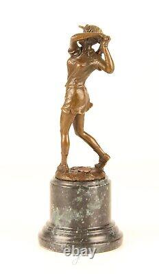 Sculpture of a Golfer Lady in Bronze on Blue Marble After Milo