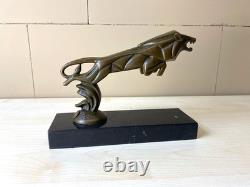 Sculpture of a Leaping Lion Car Mascot in Bronze on a Marble Base After C. Brau