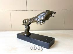 Sculpture of a Leaping Lion Car Mascot in Bronze on a Marble Base After C. Brau