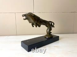Sculpture of a Leaping Lion Car Mascot in Bronze on a Marble Base After C. Brau