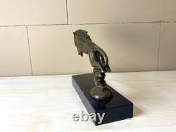 Sculpture of a Leaping Lion Car Mascot in Bronze on a Marble Base After C. Brau
