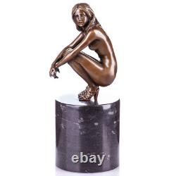 Sculpture of a Nude Woman Sitting in Bronze on a Black Marble Base after Milo