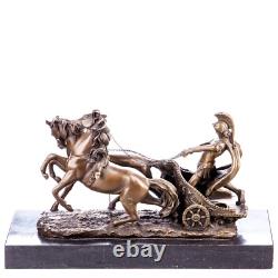 Sculpture of a Roman warrior with a bronze chariot on black marble Signed