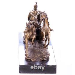 Sculpture of a Roman warrior with a bronze chariot on black marble Signed