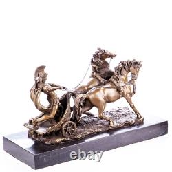 Sculpture of a Roman warrior with a bronze chariot on black marble Signed