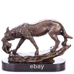 Sculpture of a Wolf with Puppies in Bronze on Black Marble after Lecoutier