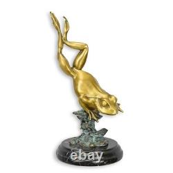 Sculpture of a leaping frog in bronze on a marble base Signed