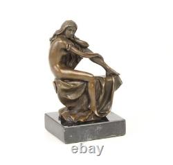 Seated Woman Sculpture in Bronze on a Black Marble Base after Milo