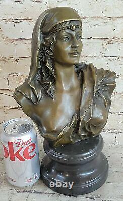 Sensual Erotic Female Nude Woman Bust Signed Bronze Marble Statue Sculpture