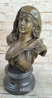 Sensual Erotic Female Nude Woman Bust Signed Bronze Marble Statue Sculpture