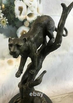 Signed 100% Cast Bronze Marble Cougar Mountain Lion Panther Sculpture Figure