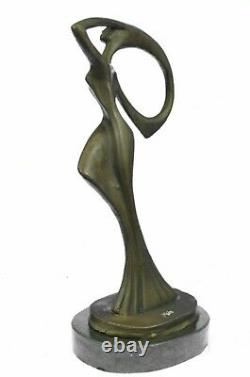Signed Abstract Figurative Female Figure Bronze Marble Base Sculpture Modern
