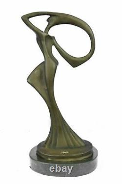 Signed Abstract Figurative Female Figure Bronze Marble Base Sculpture Modern