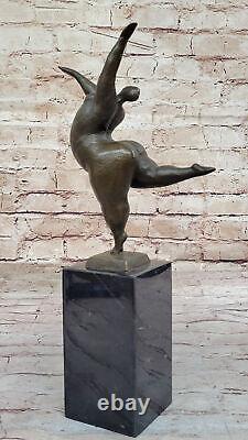 Signed Abstract Prima Ballerina After Botero Bronze Marble Base Sculpture Statue