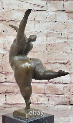 Signed Abstract Prima Ballerina After Botero Bronze Marble Base Sculpture Statue