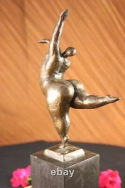 Signed Abstract Prima Ballerine After Botero Bronze Marble Base Sculpture Statue