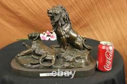 Signed African Lion with / Family Bronze Sculpture Art Deco Marble Figurine