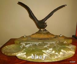 Signed Antique Carved Marble & Bronze Desk Set Eagle Maple Leaf Cockle Shell
