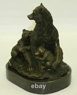 Signed Art Deco Black Bear Family Bronze Sculpture Marble Statue Figure