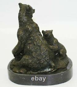 Signed Art Deco Black Bear Family Bronze Sculpture Marble Statue Figure