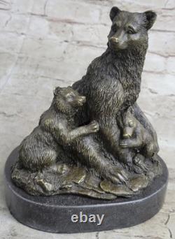 Signed Art Deco Black Bear Family Bronze Sculpture Marble Statue Figurine