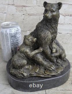 Signed Art Deco Black Bear Family Bronze Sculpture Marble Statue Figurine