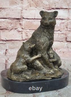Signed Art Deco Black Bear Family Bronze Sculpture Marble Statue Figurine