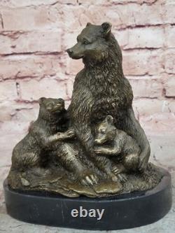 Signed Art Deco Black Bear Family Bronze Sculpture Marble Statue Figurine