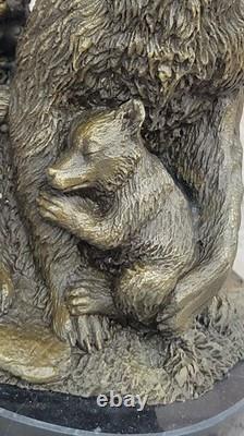 Signed Art Deco Black Bear Family Bronze Sculpture Marble Statue Figurine