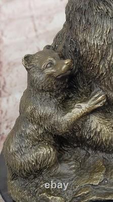 Signed Art Deco Black Bear Family Bronze Sculpture Marble Statue Figurine