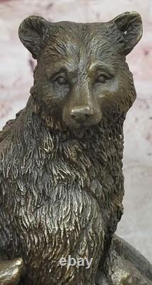 Signed Art Deco Black Bear Family Bronze Sculpture Marble Statue Figurine