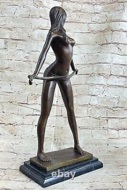 Signed Art Deco Bronze Female Chair Sculpture Statue on Marble Base