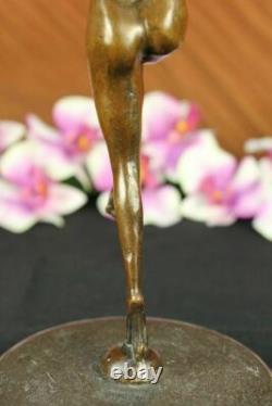 Signed Art Deco Dancer Girl Bronze Statue on Marble Base Large Figurine